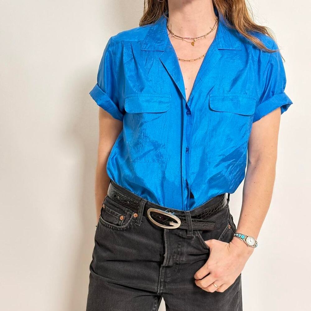 Vintage Laura & Jayne Crinkle Top ~ Iridescent Blue -M